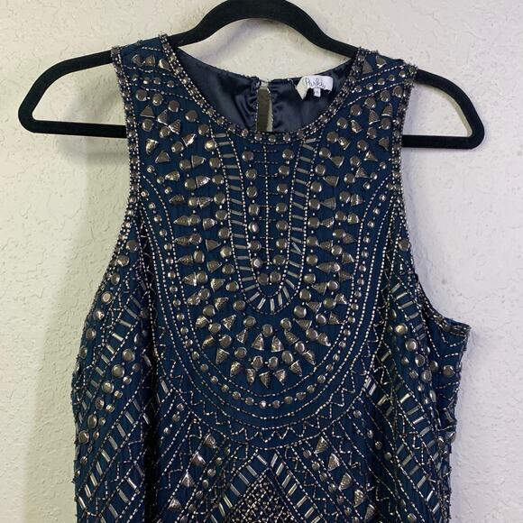 PARKER Blue Allegra Beaded Embellished Silk Sleeveless Mini‎ Shift Dress Size M - Picture 3 of 13